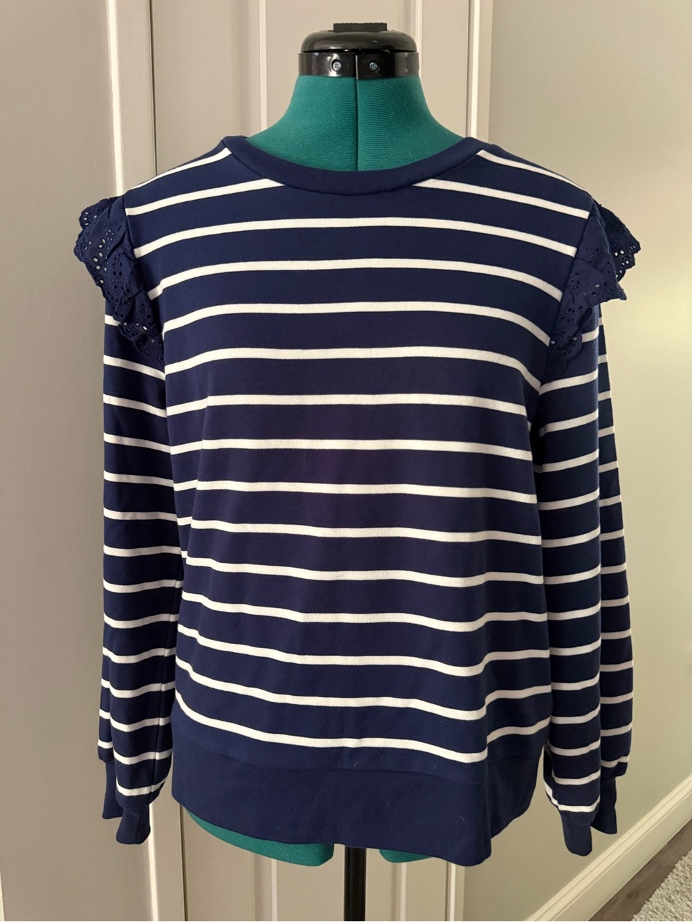 J. Crew Navy and White Striped Lace Eyelit-Shoulder Top Nautical Casual Cottage